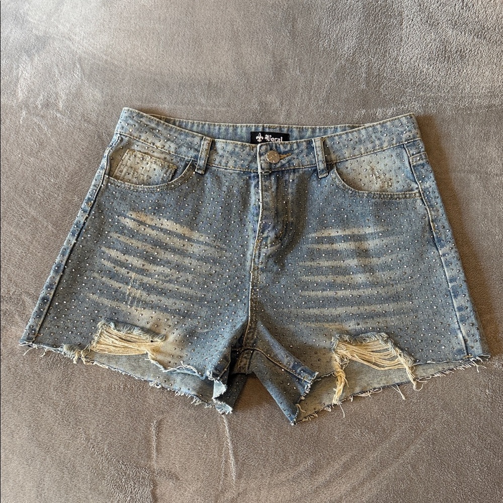 Vocal Studded Distressed Light Blue Denim Jean Shorts